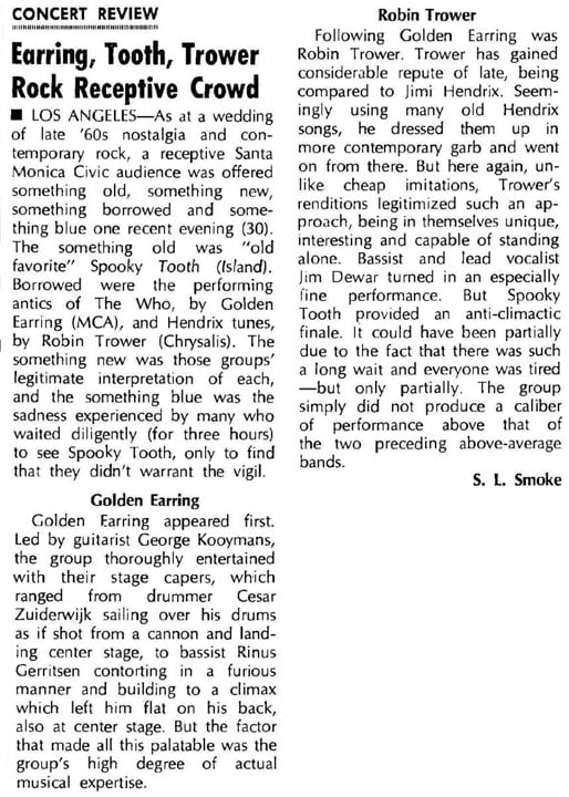 Golden Earring with Robin Trower special guest for Spooky Tooth show review May 30 1974 Santa Monica - Civic Center Auditorium